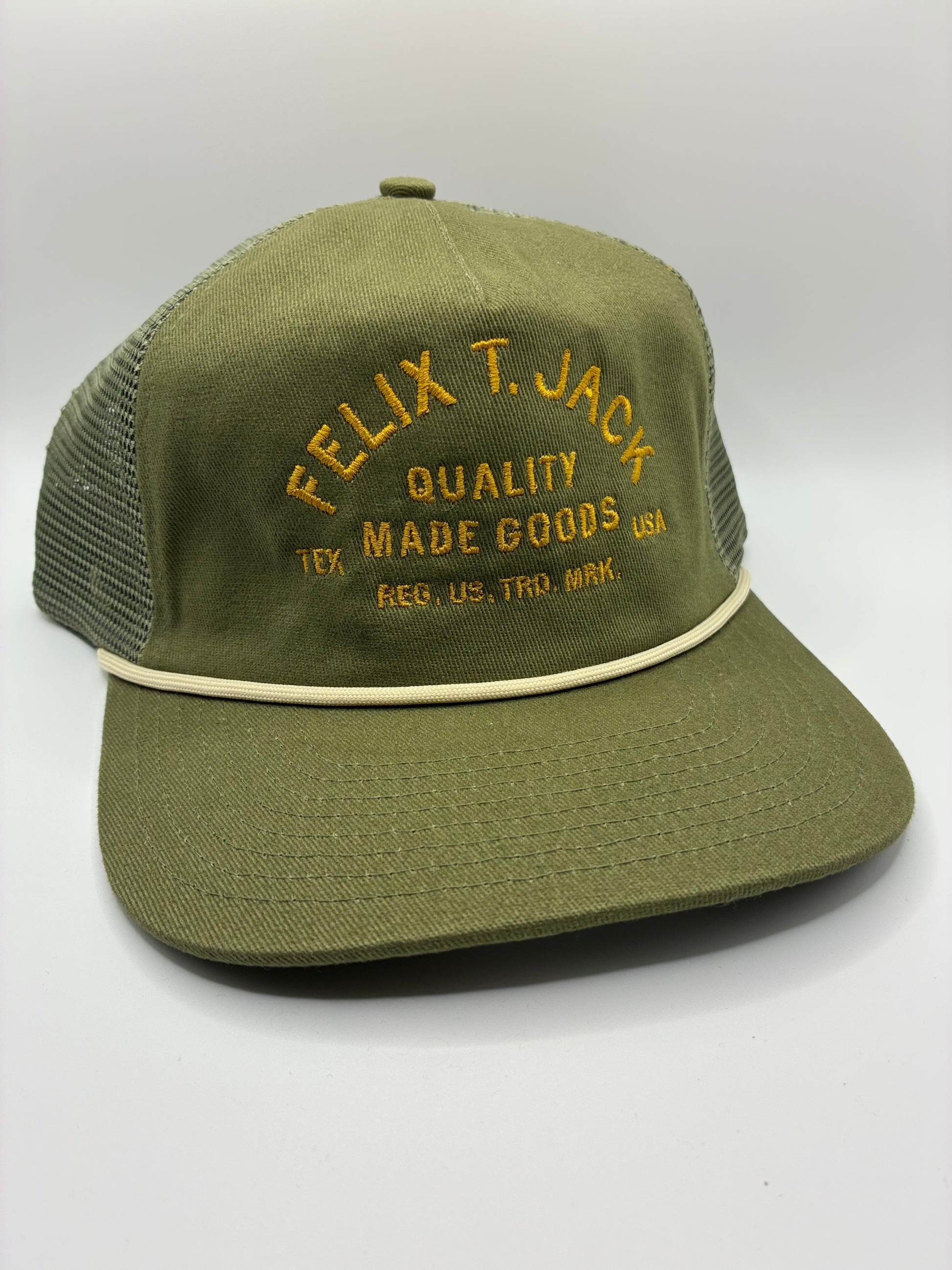 Felix T. Jack - Quality Made Goods 5 Panel Cotton/Mesh Trucker Hat in Olive